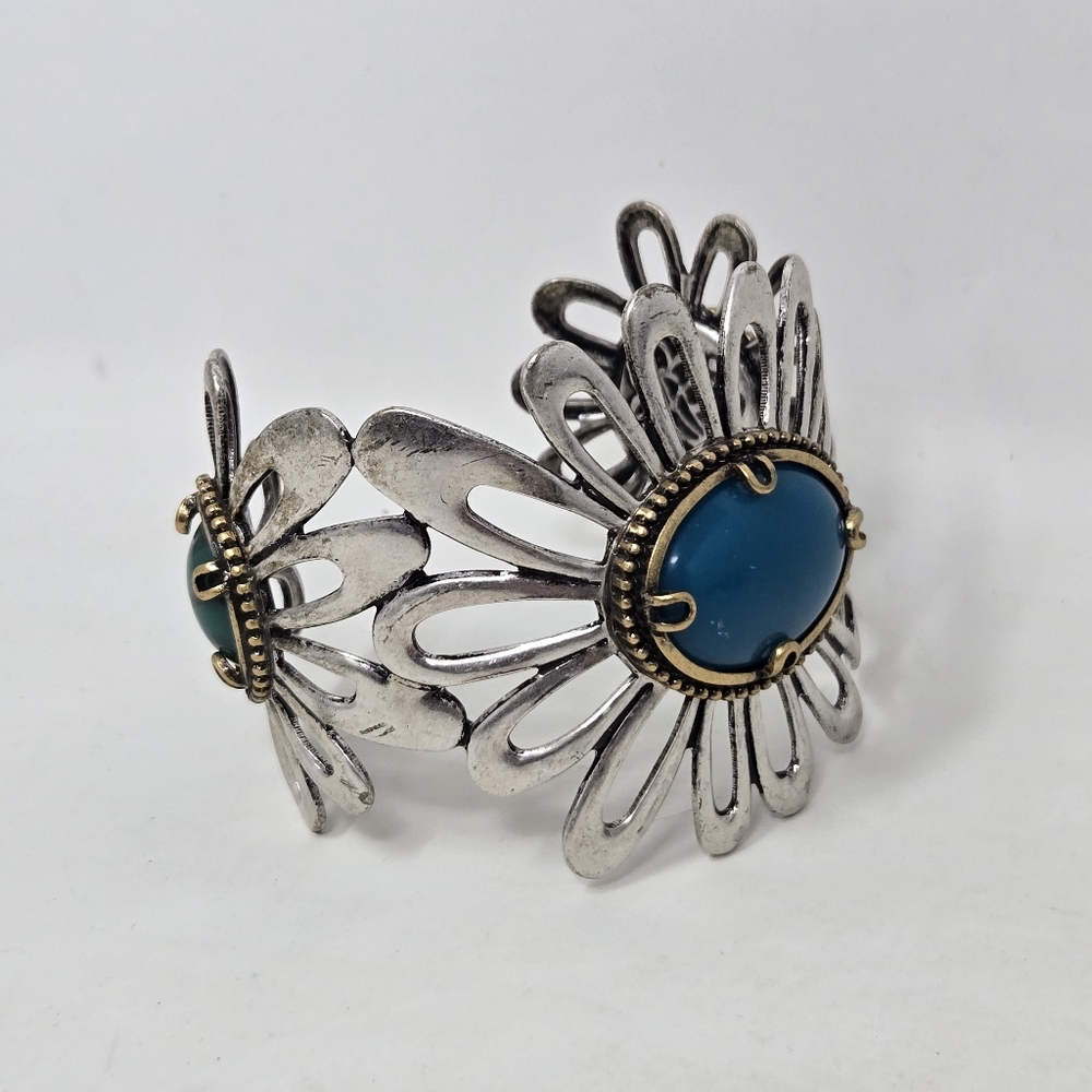 LUCKY BRAND Boho Southwest Faux Turquoise Malachite Flower Cuff Bracelet Western - Picture 2 of 15